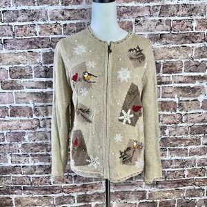 Croft & Barrow Women's‎ Beige Bird Snowflake Zip Up Cardigan Sweater Size S